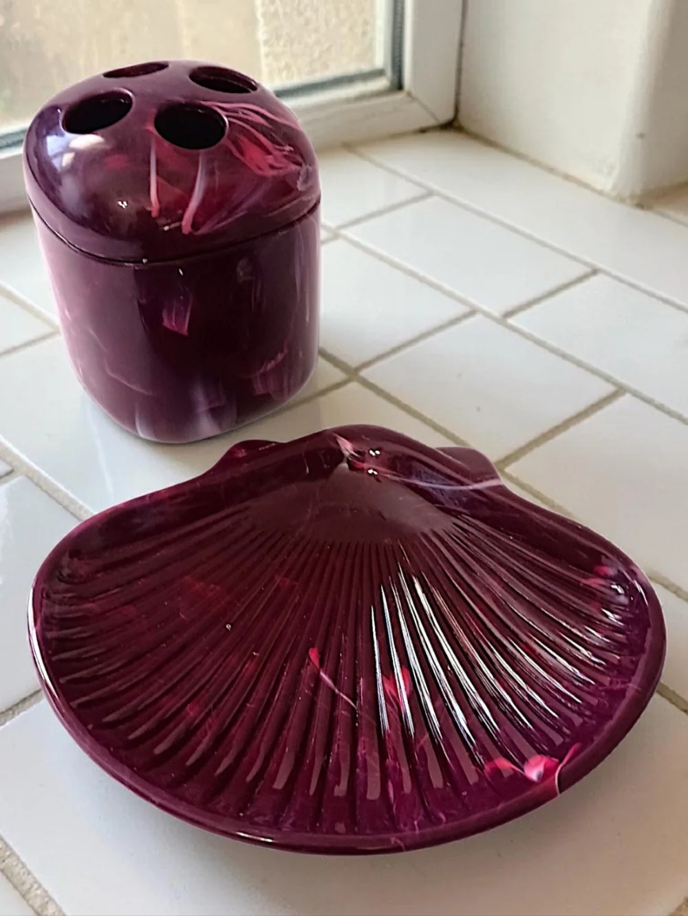 Vtg‎ Marbled Plastic Toothbrush Holder Soap Dish Wine Pink Color Retro Bathroom